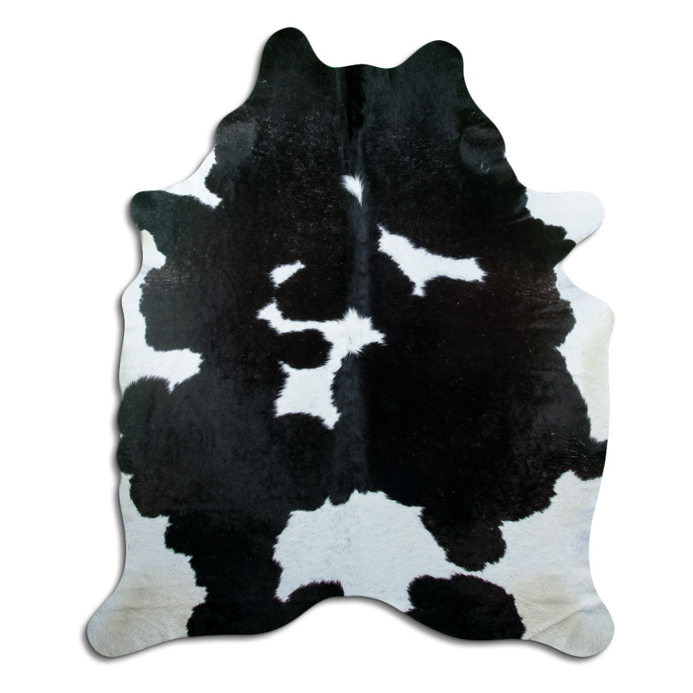 Schwarz-weisses Kuhfell, ca. 220 × 190 cm, von oben fotografiert: genau das Fell, das Sie erhalten